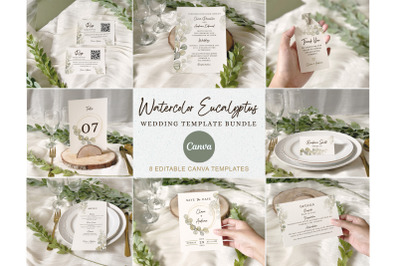 Watercolor Eucalyptus Wedding Invitation Bundle Canva Template
