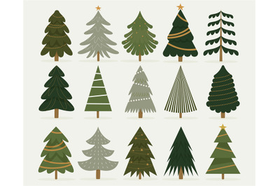 Winter christmas tree collection. Cartoon traditional fir trees decora