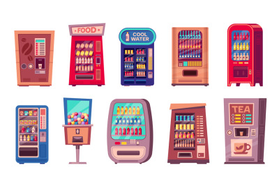 Snack machine. Cartoon vending machine with sweets, soda and coffee, c