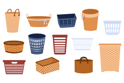 Laundry baskets. Empty jute woven plastic buckets, bin bags and woven