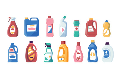 Household chemichals. Cartoon liquid soap and detergent bottles, foam