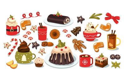 Christmas sweets and drinks. Cartoon winter holiday traditional food,