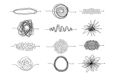 Chaotic line arrows. Doodle chaos simple drawn symbols, confused messy