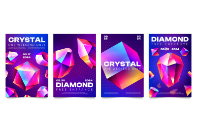 Abstract crystal posters. Triangular gemstone badges with shiny reflec