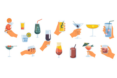 Hands with alcohol drinks. Woman holding cocktail glasses with wine, w