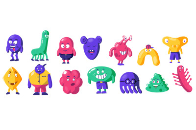 Cute abstract monsters. Doodle funny shapes alien characters with diff