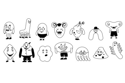 Doodle monsters. Cute alien shape characters, funny beast figures with