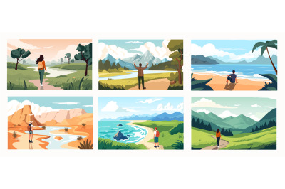 People enjoying landscape view. Cartoon characters hiking and camping