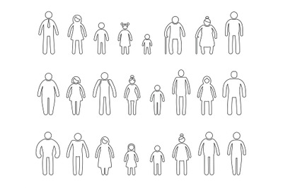 Stick people line icons. Simple outline human characters with hands an