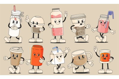 Retro cartoon drinks. Groovy 80s 90s alcohol beverage funny characters