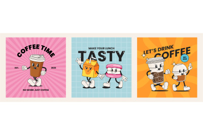 Retro cartoon drinks posters. Cafe menu cover with funny mascots and g