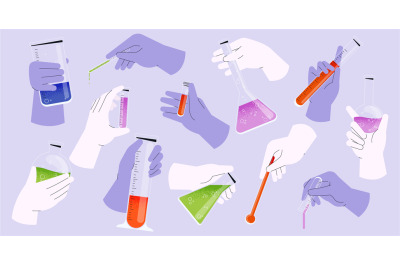 Hands with chemicals. Medical scientist with test tubes and measuring