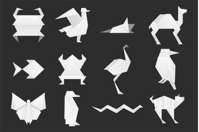 White origami animals. Cute folded origami animals&2C; traditional orient