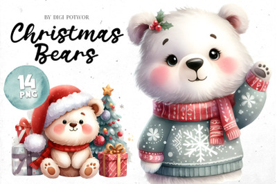 Cute Watercolor Christmas Bears Bundle | PNG cliparts