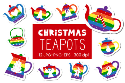 Rainbow Christmas teapots stickers