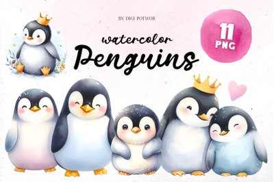 Cute Watercolor Penguins Bundle | PNG cliparts