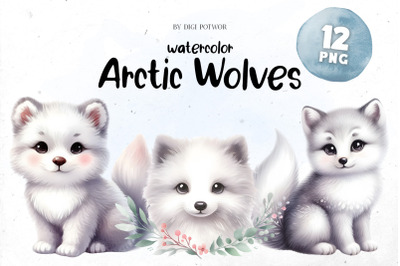 Cute Watercolor Arctic Wolves Bundle | PNG cliparts