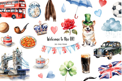 Watercolor UK clipart. London clipart. Watercolor England clip art. British elements PNG. Travel clipart. Welcome to the UK. English symbols &amp;amp; flag clipart