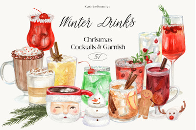 Winter Drinks Christmas Cocktails Watercolor Clipart