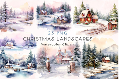 25 Watercolor Christmas Landscapes Bundle