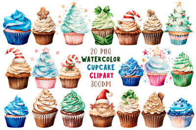 Watercolor Christmas Cupcake Clipart