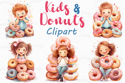 Watercolor Kids and Donuts Clipart