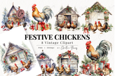 Vintage Festive Chickens Clipart