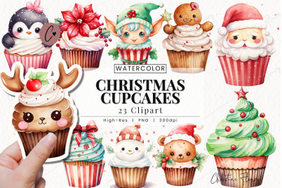 Watercolor Christmas Cupcakes Clipart