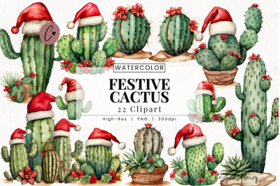Watercolor Festive Cactus Clipart