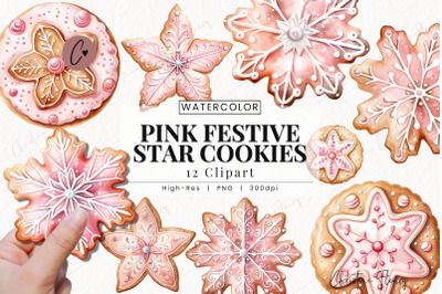 Watercolor Pink Festive Star Cookies PNG