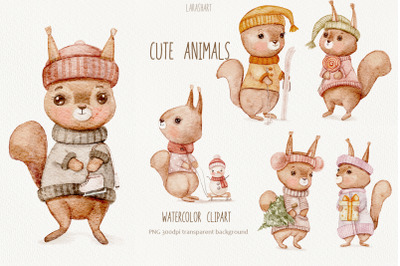 Cute Animals Watercolor Clipart, Animal