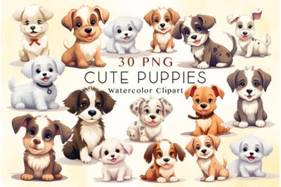 30 Watercolor Cute Puppies Clipart Dog Bundle