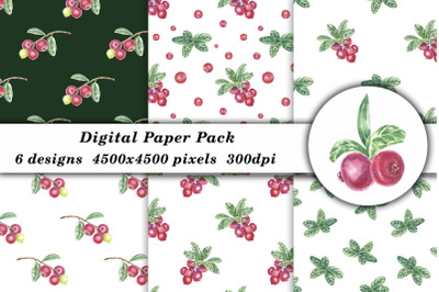 Watercolor Lingonberry Cranberry Pattern Seamless JPG
