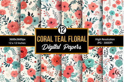Soft Coral and Teal flowers Seamless Patterns