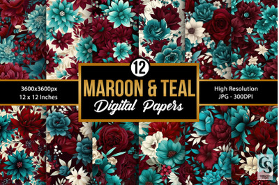 Maroon and Teal Flowers Seamless Patterns
