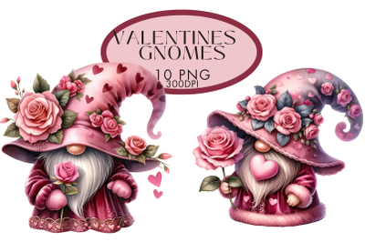 Pink Valentines Gnomes Watercolour Clipart Bundle