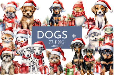 Dogs in Christmas Hats Watercolour Clipart Bundle PNG&nbsp;