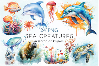 24 Watercolor Sea Creatures Clipart Bundle
