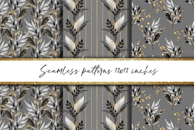Gold and gray. 3 seamless floral patterns