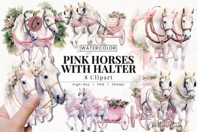 Watercolor Pink Horses with Halters PNG