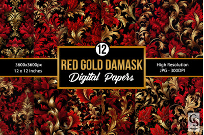 Red &amp; Gold Damask Flowers Seamless Patterns