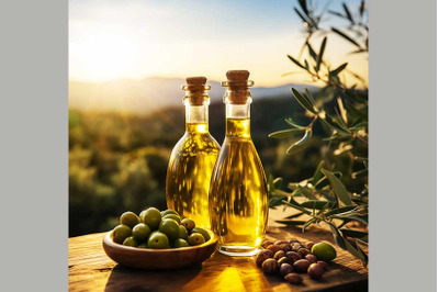 Golden Olive Oil Bottles with Olives Leaves and Fruit