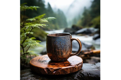 Wooden Coffee Mug Bliss with Firepit River Pine Forest