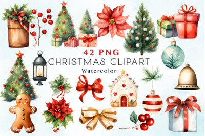 42 Watercolor Christmas Decoration Clipart Bundle