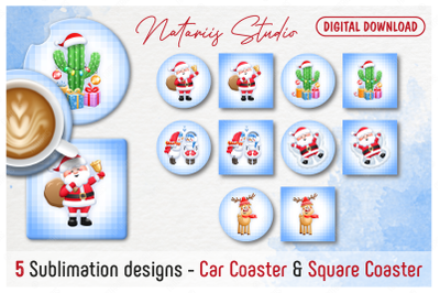 5 Cute Christmas Coaster Sublimation Templates.