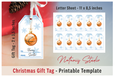 Christmas Basketball Gift Tag. Printable template.