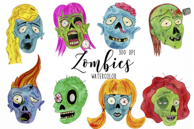 Watercolor Zombies Clipart, Zombie Head Clipart, Halloween Clipart