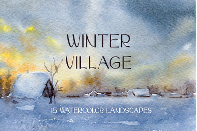 Watercolor Winter Village Landscapes