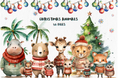 Christmas animals clipart watercolor PNG