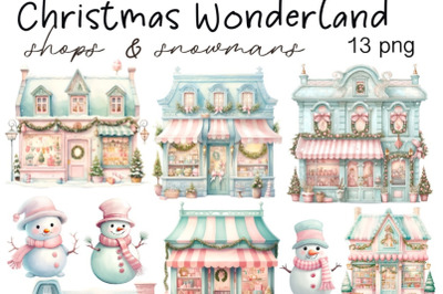 Pastel Christmas Clipart Bundle, Holiday Snowman PNG, Christmas Shop